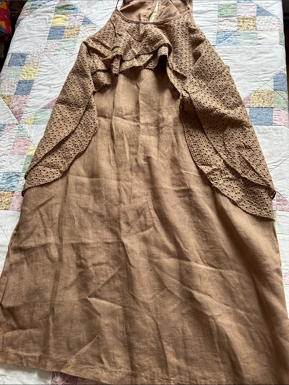W—Sleeveless Eyelet Ruffle Midi Dress in Camel Brown